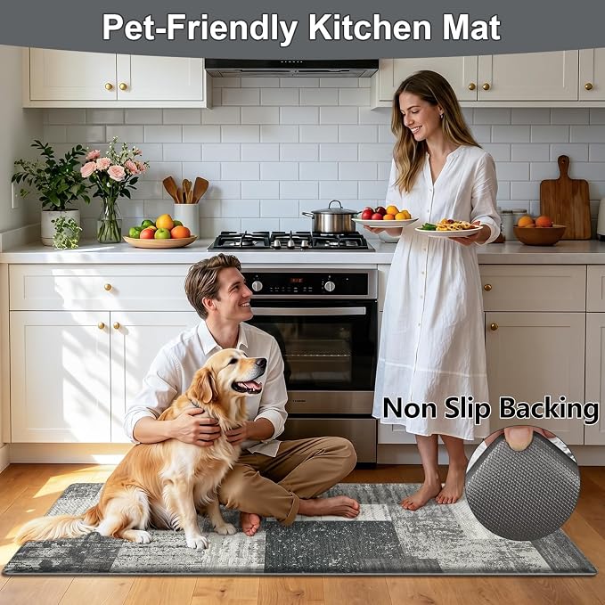 LOKHOM Anti Fatigue Kitchen Mats for Floor, 24x59 Non Slip Modern Cushioned Standing Comfort Kitchen Runner Rug, Waterproof Geometric Patchwork Memory Foam Padded for Sink Laundry Office, Grey