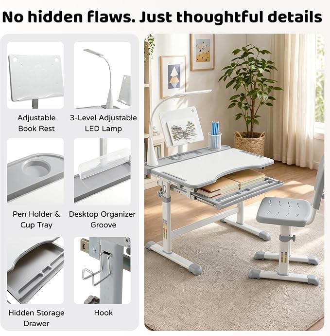 Diroan Kids Desk and Chair Set with LED Light, Height-Adjustable for Age 7+ | Ergonomic, Large 0‑45°desk, Sturdy steel frame, Storage drawer, Bookstand, Metal hook