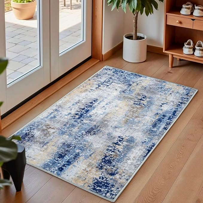 Macgace Washable Abstract Rug, 2x3 Small Modern Area Rugs with Non-Slip Rubber Backed for Kitchen, Thin but Soft Throw Carpet Bedroom Entryway Front Door Decor, Midnight Blue