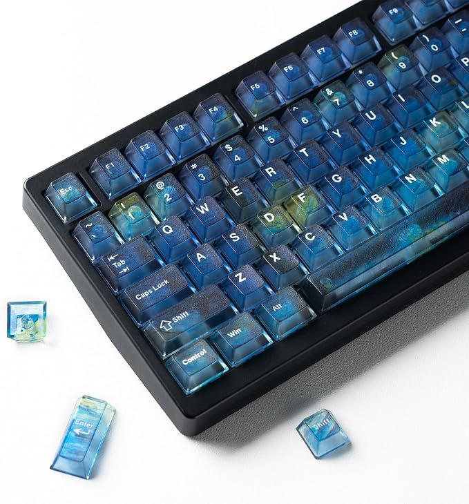 Blue Transparent Keycaps 115 Keys Starry Sky Shine-Through, Cherry Profile PC Keycap Set for MX Switch Mechanical Keyboard, Fits 60% 65% 75% 80% 100% Layouts