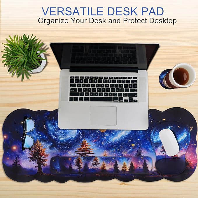 Petmolico Desk Pad Set with Wrist Rest for Keyboard & Mouse, Night Sky | Anti-slip PU base, durable Lycra & memory foam, relieves wrist fatigue, perfect for work, home & daily use