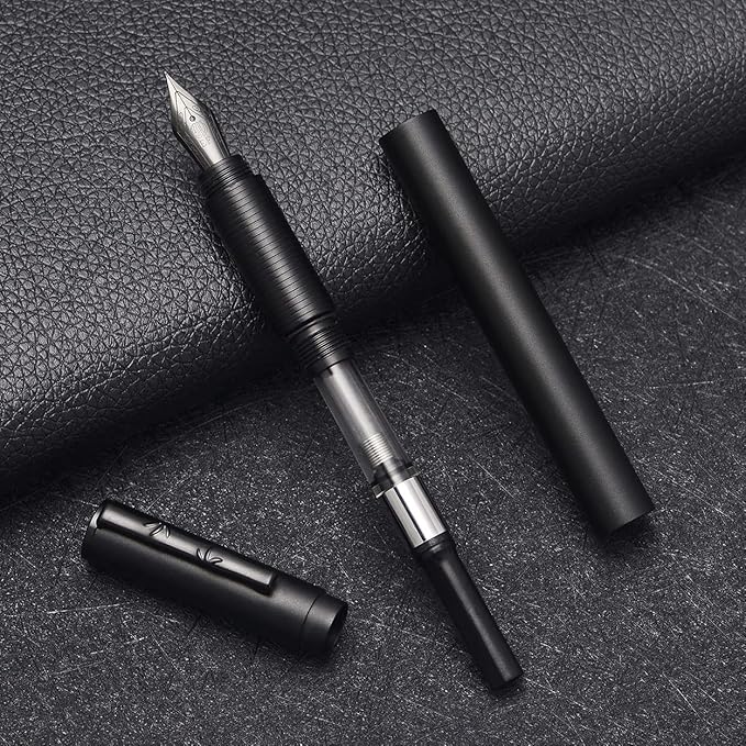 Hongdian H3 Fountain Pen Titanium Black Bent Nib with Bamboo Pen Clip, Black Aluminum Alloy Writing Pen
