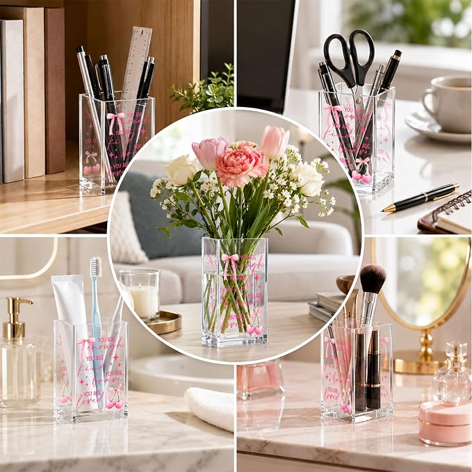 Acrylic Pen Holder Cup, Inspirational Affirmations Desk Decor, Positive Quotes Pencil Holder Organizer, Aesthetic Office Accessories, Encouragement Gift for Women Teen Girls