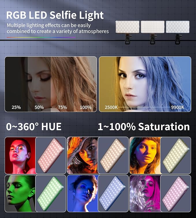 Selfie Camera Phone Light with Metal Hotshoe & Clip, 135 LED CRI 96+ 2500K-9900K 4000mAh RGB Video Light for iPhone, Cameras, Selfie, Video Conference, TikTok Live Streaming, Gifts for Women & Mom