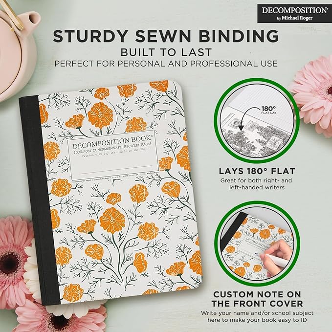 Decomposition California Poppies College Ruled Composition Notebook - 9.75 x 7.5 Journal with 160 Lined Pages - Cute Notebooks for School Supplies, Home & Office - 100% Recycled Paper - Made in USA