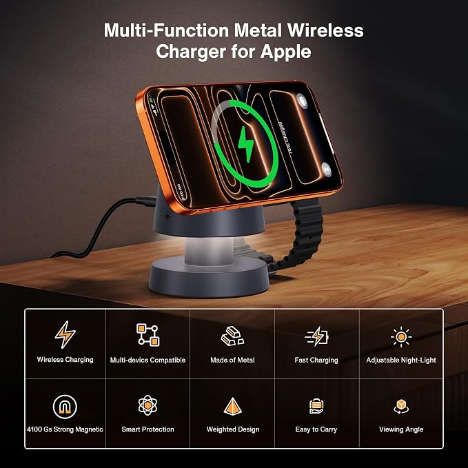 iVANKY 4 in 1 Wireless Charging Station with Night-Lamp for MagSafe Charger Travel Stand, 3 in 1 Charge for iPhone 17e/17/16/15/14/13/12/11, Apple iWatch, Airpods（Included 100W Adapter
