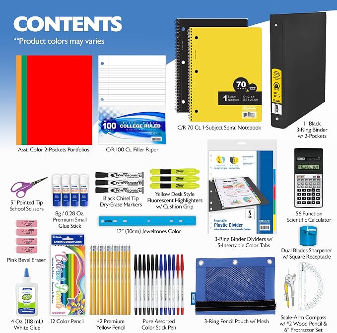 BAZIC PRODUCTS Middle and High School Supplies Kit, 65 Pieces, Grades 7-12, Compass Calculator Notebooks Pencils Pens Highlighters, Prepacked