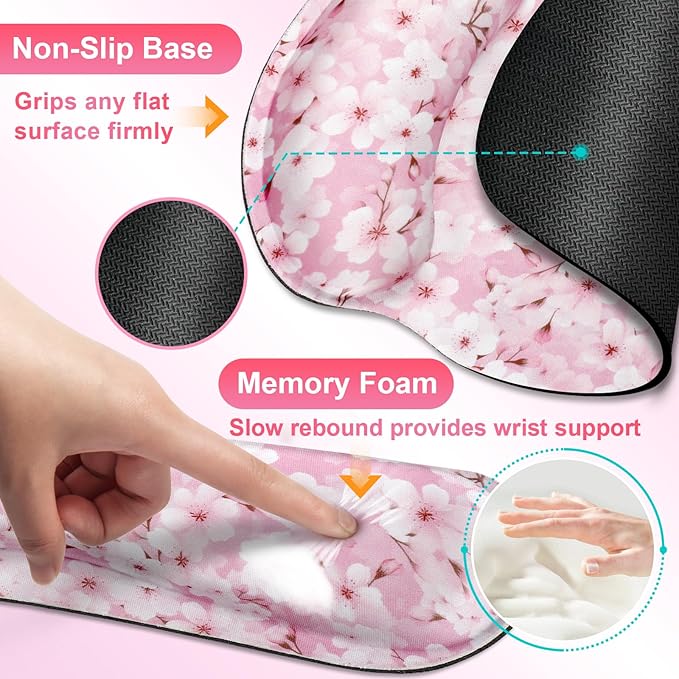 Pink Cherry Blossom Mouse Pad with Wrist Rest and Keyboard Wrist Rest Set, Sakura Floral Ergonomic Memory Foam Mouse Pad Set for Women, Girls, Office, School