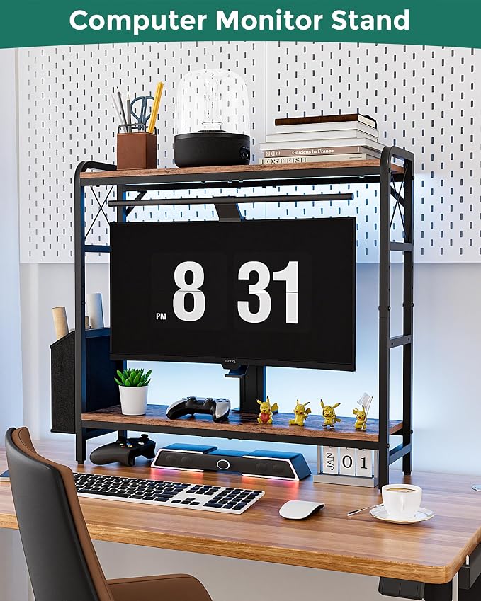 Desk Hutch Dorm with Adjustable Shelves and Side Pockets | 2-Tier Desktop Bookshelf Organizer, Monitor Stand, Large-Capacity Display Shelf Rack for Home Office or Study, Rustic Brown