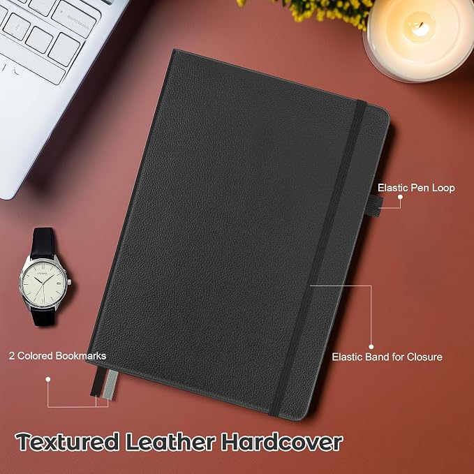 Dotted Journal, Hardcover Notebook, Dot Grid Notebook Journal for Women, Men, Large Leather Journals for Writing, Bullet, No Bleed Thick Paper, A5 Notebooks for Work, School, Notes, 5.7"x8.5", Black