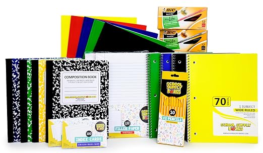 School Supply Boxes | Elementary Writing Pallet (112 Boxes) | Back to School Essentials Kit for Students & Teachers | Includes Wide-Ruled Filler Paper, Wide-Ruled Notebooks, 12 ct. Pens, & More