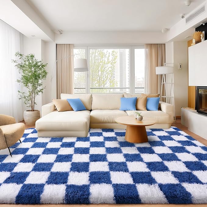 Area Rugs for Living Room Bedroom 9x12, Ultra Fluffy Shag Checkered Rug Modern Washable Carpet Soft Shaggy Non Slip Indoor Plush Fuzzy Rugs for Bedroom Dorm Office Home Aesthetic Decor, Navy and White
