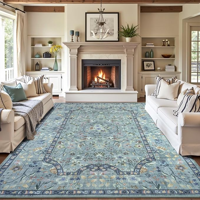 Vasofe 4x6 Area Rug for Bedroom, Washable Rugs for Living Room, Laundry, Kitchen, Vintage Floral Indoor Non Slip Carpet Farmhouse Blue Throw Carpets Soft Low Pile Mat for Dorm Bedside Office