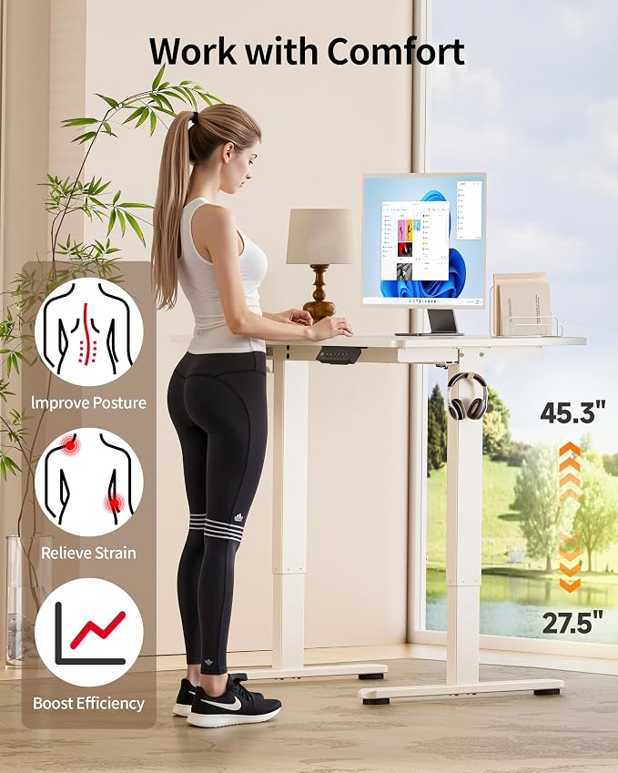 Okin Standing Desk Electric Adjustable Computer Whole Piece Stand up Desk with Wheels Office Gaming Home Office Memory Desks 48x24 inches White