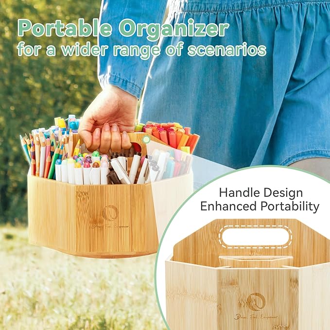 Ohuhu 360° Rotating Marker Organizer Holds 162 Honolulu & B Oahu Markers | 360-Degree Rotating Bamboo Desktop Storage Markers Pens Pencil Holder with 10 Compartments for Home Classroom Office Decor