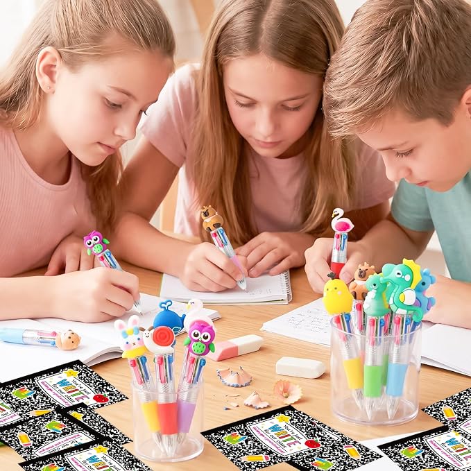 ANGOLIO Back to School Gifts for Students - 28 Sets First Day of School Gifts Include Animal 4 in 1 Multicolor Ballpoint Pens with Greeting Cards for Classmate Teacher Classroom Reward Party Supplies
