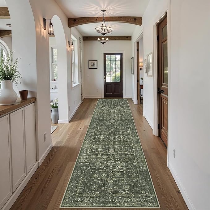 3x12 Green Runner Rug Hallway Washable Area Rugs Kitchen Vintage Boho Non Slip Long Rug Floral Carpet Indoor Retro Soft Low Pile Throw Rug for Bedroom Bathroom Laundry Dining Living Room Office