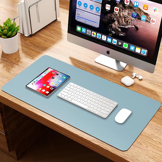 Leather Desk Pad Protector, Waterproof Mouse Pad, PU Desk Mat, Office Desk Cover, Desk Writing Mat for Office/Home/Work/Cubicle (Light Blue) 31.5x15.7 in