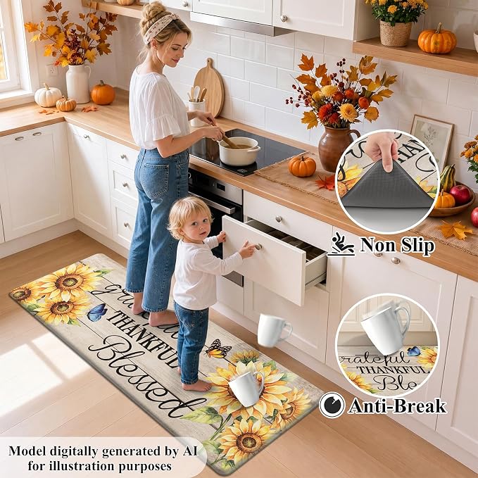 HEBE Fall Kitchen Mat Set of 2, Anti Fatigue Kitchen Mats for Floor | Cushioned Non Slip Autumn Kitchen Rugs and Runner Set, Waterproof Sunflower Floor Carpet for Harvest Thanksgiving