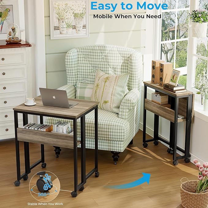 GreenForest Folding Desk Small Rolling Desk with Storage Shelf,24.8 inch Foldable Computer Desk with Wheels for Small Space,Easy Assembly,Grey Wash