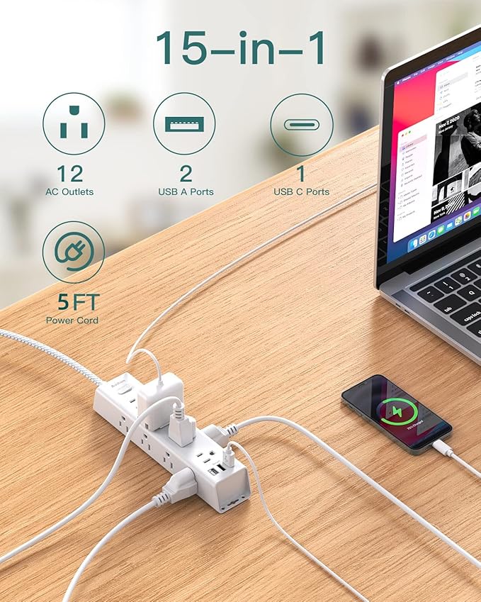 Surge Protector Power Strip - 5 FT Extension Cord, Power Strip with 12 Widely AC Outlet 3 USB, Flat Plug Wall Mount Overload Protection, 1050J, Desk Charging Station for Home Office, ETL Listed,White