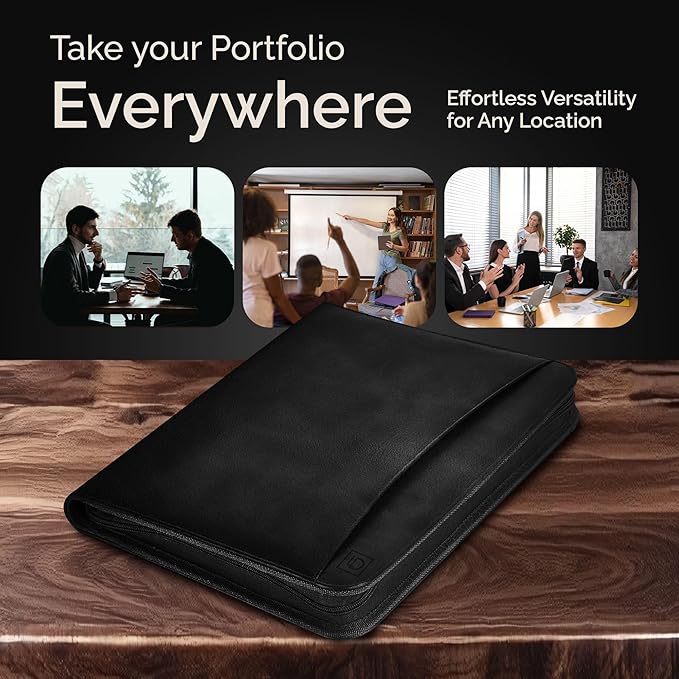 Black Zippered Leather Portfolio - High Capacity 2-Inch Spine - Fits Surface Go & iPad Pro/Air 11 Inch - Professional Resume Padfolio
