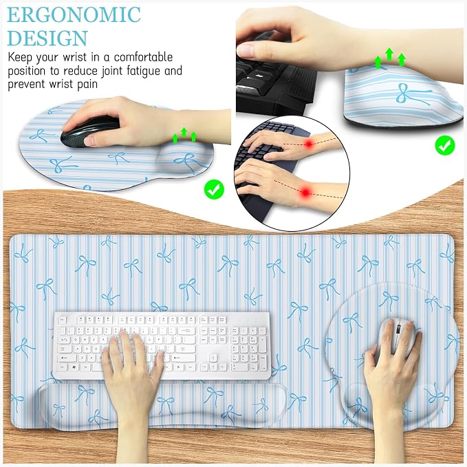 LIMKRIAN Blue Striped Mouse Pad Set Large Desk Mat for Desktop, Ergonomic Mousepad with Wrist Rest for Gaming, Keyboard Mat Wrist Support Cup Coaster Set, Cute Home Office Desk Accessories for Women