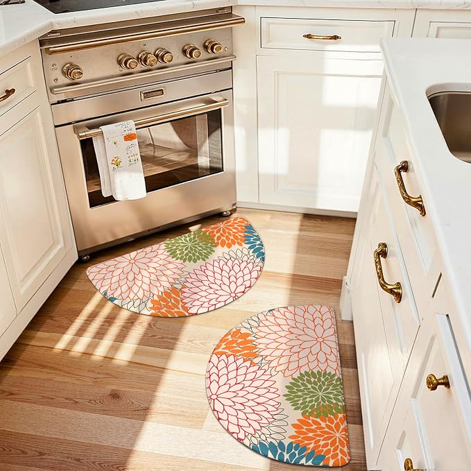 KIMODE Half Circle Kitchen Mats for Floor Cushioned Anti Fatigue 2PCS Semi | 28"x18"+28"x18",Half Round,Orange,Boho Kitchen Rug Sets of 2,Non Slip,Waterproof,Padded Kitchen Carpet Decor for Sink Laundry