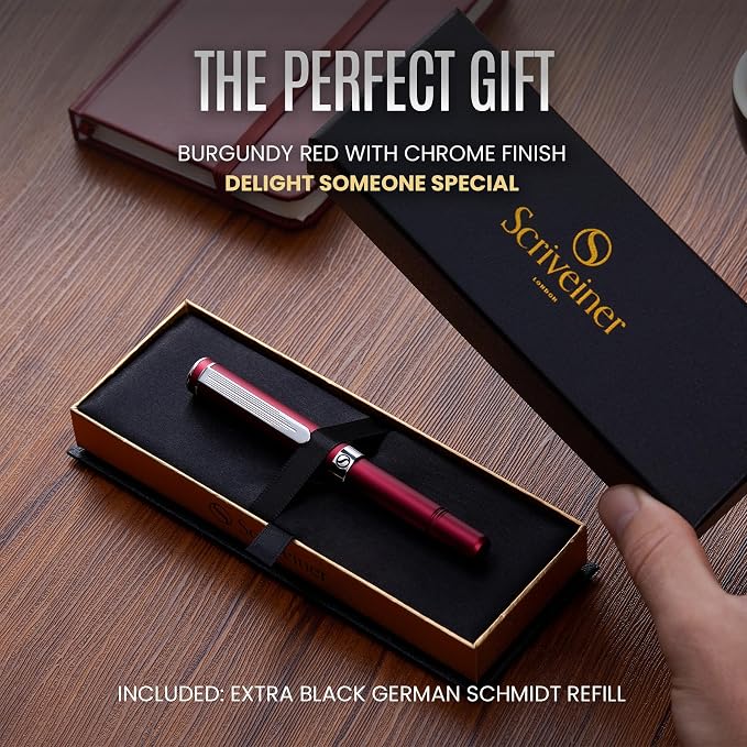 Scriveiner Personalized Red Rollerball EDC Pen, Stunning Pocket Pen with Chrome Finish, Cool Writing Pen, Best Pen Gift, Best Engraved Roller Ball Gift Set for Men & Women, Custom Name Engraving