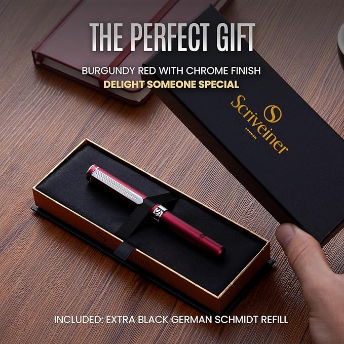 Scriveiner Red Rollerball EDC Luxury Pen, Chrome Finish, 4 Black Medium Refills