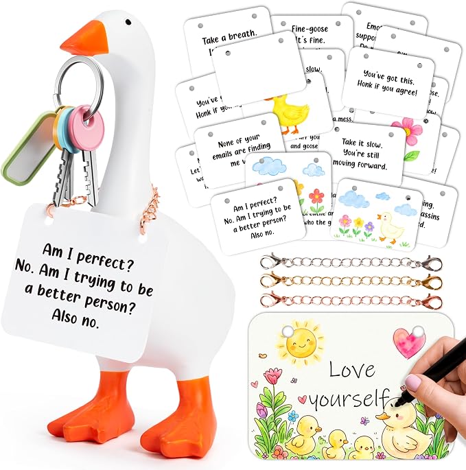 R HORSE Magnetic Desk Goose Key Holder - 7 Inch Resin Statue with Inspirational Cards, Magnetic Tool Holder for Keys & Metal, Funny Desk Organizer for Office Home, Farmhouse Decor Housewarming Gift