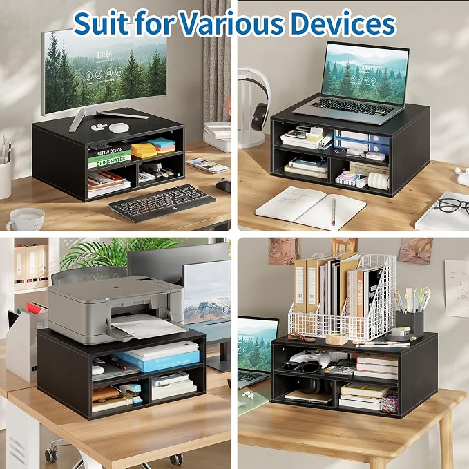 ALISENED Printer Stand for Desk, 2-Tier Wooden Desk Organizer with Adjustable Compartments, Heavy Duty Desktop Stand for Printer Scanner Monitor, Space Saving Office Organization and Storage, Black