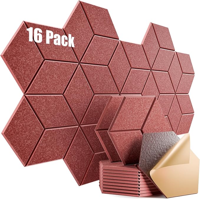 16 Pack Self-Adhesive Acoustic Panels 12" X 10" X 0.4" - Sound Proof Foam Panels for Wall with High Density, Y-Lined Design, Flame Resistant, Absorb Noise and Eliminate Echoes(Red)
