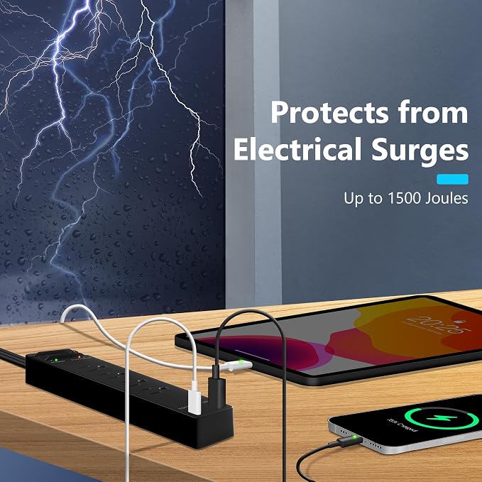 LIDER PD 36W Surge Protected Outlet Extender, 4-Outlet Power Strip, USB-A & USB-C, 5ft, Up to 1500J, LED Indicator, ON/Off Switch, Flat-Plug, 45-Degree Angle, 1250W, ETL Listed, Matte Black