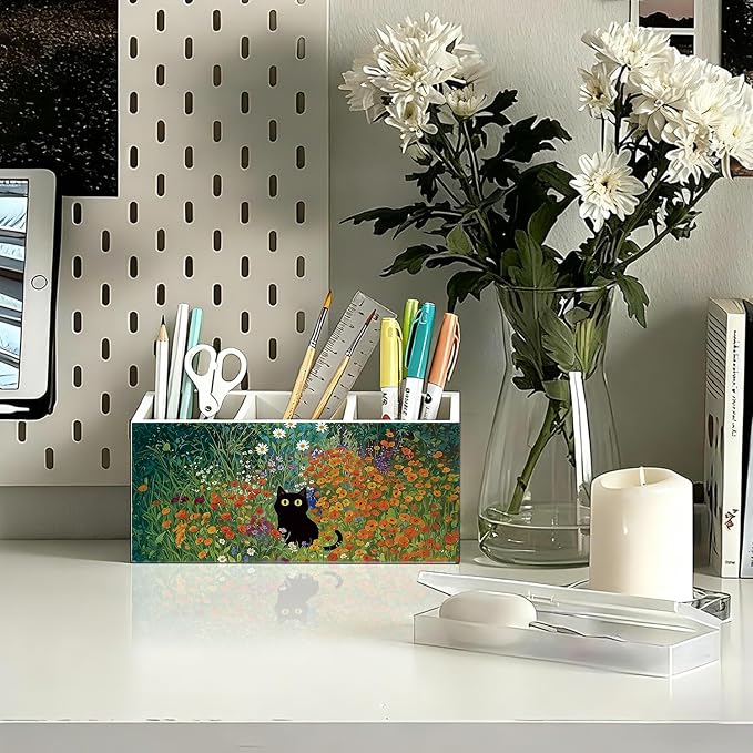 Black Cat Pen Pencil Holder for Desk, Black Cat Mom Lady Lovers Gifts for Women, Pet Lover Gifts, Cottagecore Wildflower Kitten Wooden Box Sign Decorations for Home Office Desk Tabletop
