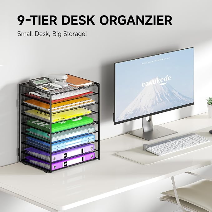 Cawukege 9 Tier Paper Organizer with Handle, 2 Pack Large Capacity Desk Organizer Mesh Paper Letter Tray File Folder Document Sorter for Classroom and Office Accessories Organization- Black