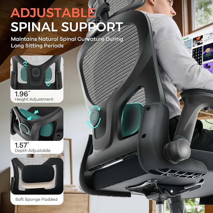 Office Chair,Ergonomic Mesh Computer Desk Chair,Black | 2D Adjustable Lumbar Support,3D Headrest,Adjustable & Flip-Up Armrests,Rolling,Tilting,Swivel,High Back,Executive PC Chair