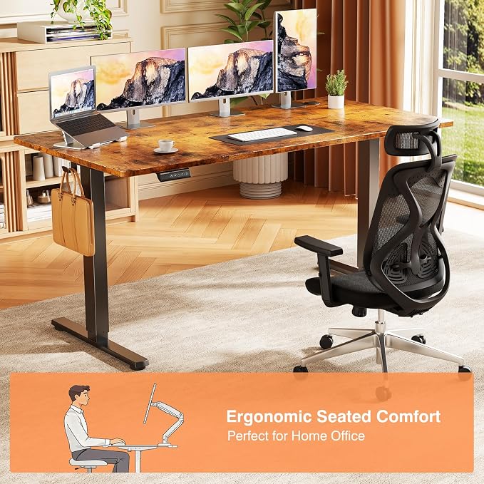 Sweetcrispy Electric Standing Desk Adjustable Height, 55x24 Inch Sit Stand Up Home Office Desks Computer Workstation PC Work Table with 3 Memory Preset Splice Wood Board Metal Frame, Rustic