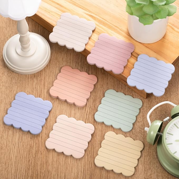 Eaasty 8 Pack Scalloped Sticky Notes Cute Adhesive Memo Pads Vintage Colors Aesthetic Lined Self Stick Note Pads 3" x 3" Pretty Wavy Sticky Notes Bulk 240 Sheets for School Office Supplies