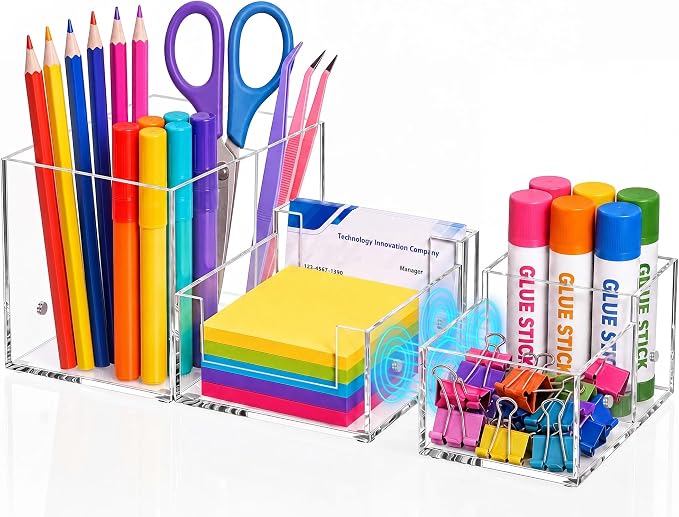 Novabright Magnetic Acrylic Desk Organizer, 3-in-1 Modular Pen Holder, Clear Desktop Stationery Caddy with Sticky Note Tray, 6 Compartments Office & Home Desk Storage Organizer