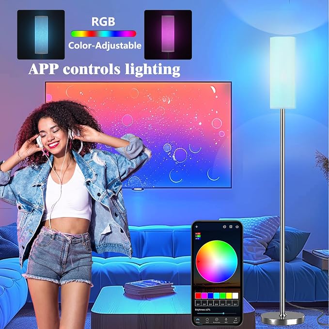 Qaubauyt Smart LED Floor Lamp with APP Control & RGB Colors - Dimmable Standing Lamp for Living Room, Bedroom, Gaming - Remote, Timer, 9W Bulb Included, 67" Modern Tall Lamp (Silver Beige)