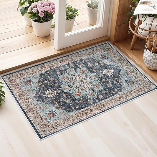 Washable Oriental Area Rug - 2x3 Rugs for Living Room Soft Carpet for Bedroom Waterproof Floral Distressed Indoor Stain Resistant Non-Shedding Floor Carpets (Blue/Teal/Orange, 2x3)