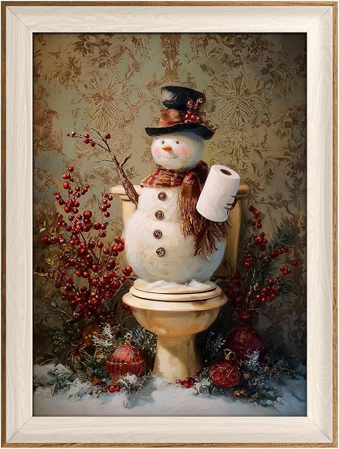 VIYYIEA Winter Framed Wall Art for Living Room, Snowman in Bathroom Canvas Prints, Oil Painting Home Decor, Christmas Picture, Bathroom Wall Decor Gifts for Friends or Family - 16L x 12W