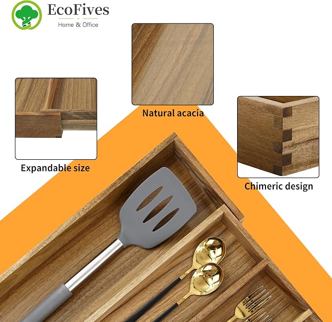 EcoFives Luxury Acacia Silverware Organizer -Kitchen Drawer Organizer - Utensil Holder and Cutlery Organizer with Grooved Drawer Dividers for Flatware and Kitchen Utensils (5 Slot)