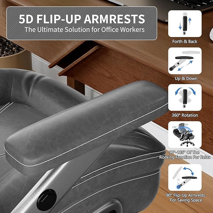 Big and Tall Office Chair, Heavy Duty Desk Chair with 5D Arms, Adjustable Lumbar Support & Height, Tilt Function, PU Leather High Back Ergonomic Executive Computer Chair