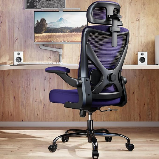 Ergonomic Office Chair: Mesh Desk Chair Comfy with Headrest& Lumbar Support | Ergalithic Big and Tall Office Chairs with Wheels & Flip-Up Arms-Computer Gaming Chairs for Adults Home Office(Purple)