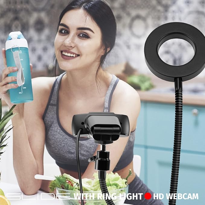 Slide 720P HD Webcam with Portable Ring Light and Clamp-on Stand, Streaming Camera with Mic, 30 FPS, 30 Light Modes, 2 Flexible Arms, Secure Clamp, Includes Sliding Lens Cover and USB Cable