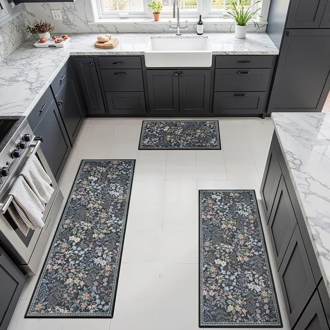 GRANNY SAYS Boho Kitchen Rug Sets of 3, Non Slip Washable Faux Wool Kitchen Mats for Floor, Thick Soft Anti-Fatigue Comfort Standing Mat Runner Rugs for Hallway Laundry Room, Black Flower