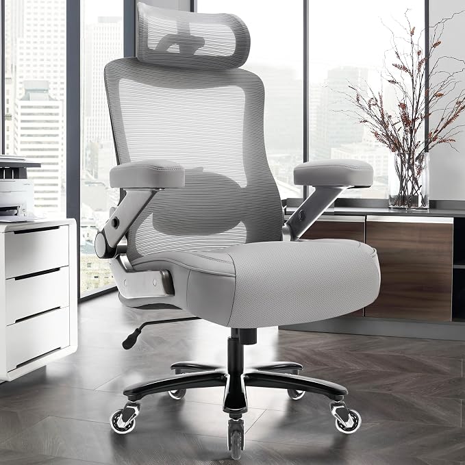 Big and Tall Office Chair 600lbs with 3D Flip Arms, Heavy Duty Large Executive Computer Desk Chair Ergonomic Mesh High Back Plus Size Chair for Adults
