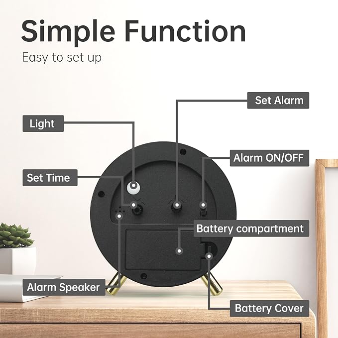 JALL Analog Alarm Clock, 4 inch Super Silent Non Ticking Small Clock with Night Light, Battery Operated, Simple Design, Easy Setting for Office, Bedroom, Bedside, Desk, Teens, Elders, Adult, Black